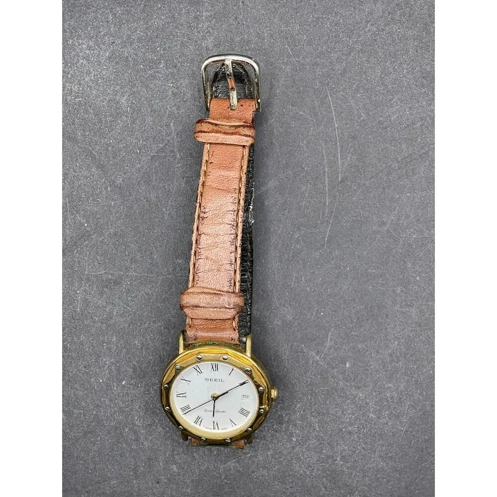 Vintage BREIL Davos Quartz Gold Tone Date Womne's Watch Brown Leather Band 28mm